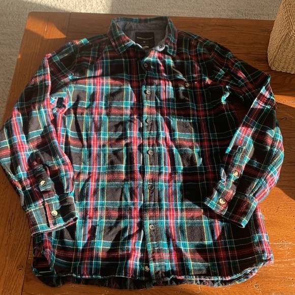 Modern Amusement Black Red Green Blue Yellow Plaid Flannel Button Down Size L - Picture 8 of 10